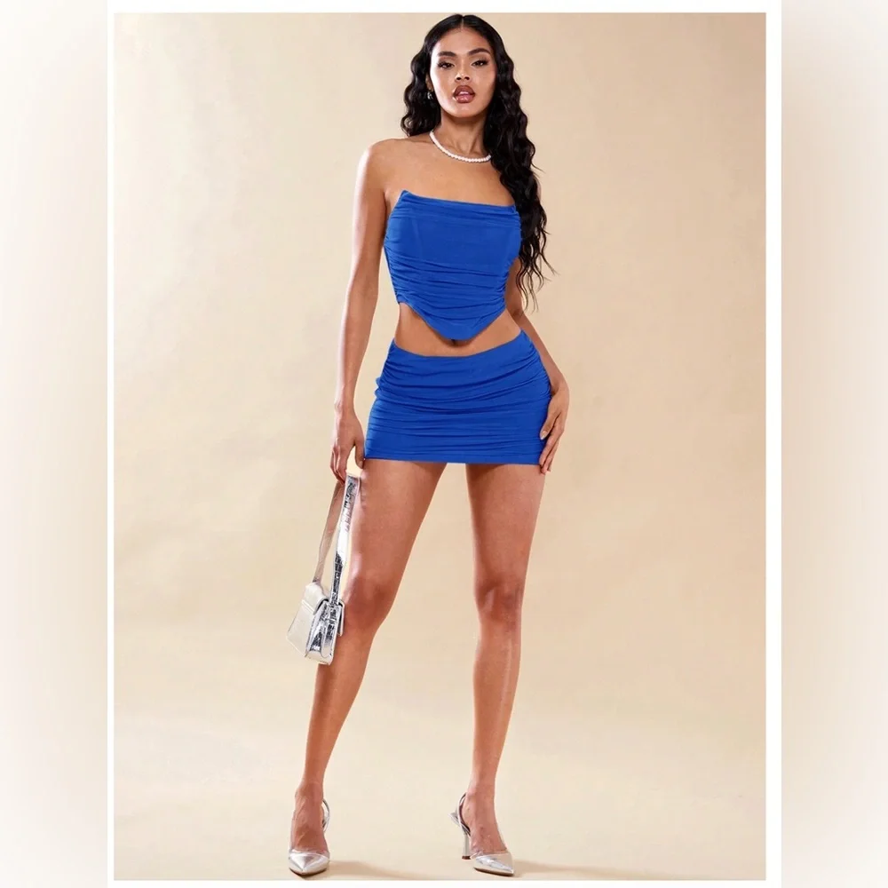 SHEIN ruched mesh tube top and bodycon skirt** set in royal blue size small - Picture 2 of 4